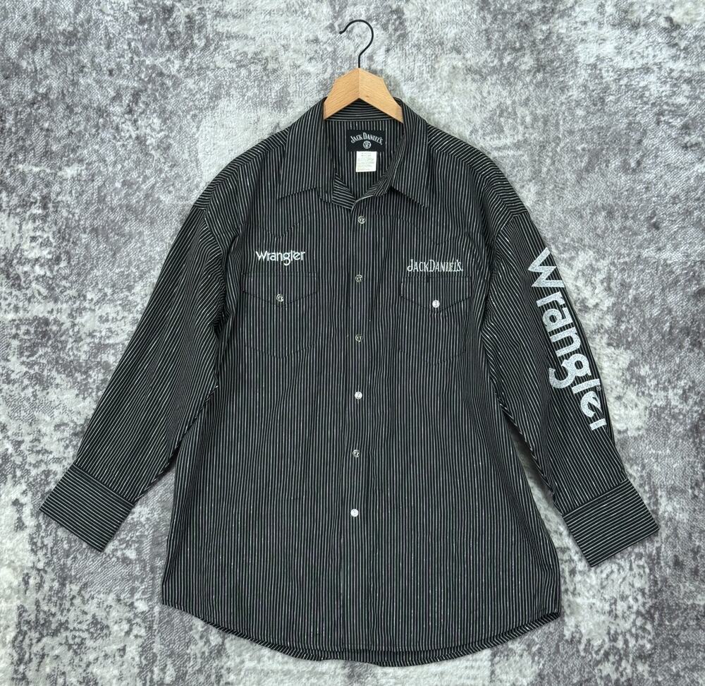 Wrangler Jack Daniels Shirt XL Mens Striped Embroidered Pearl Snap Rodeo